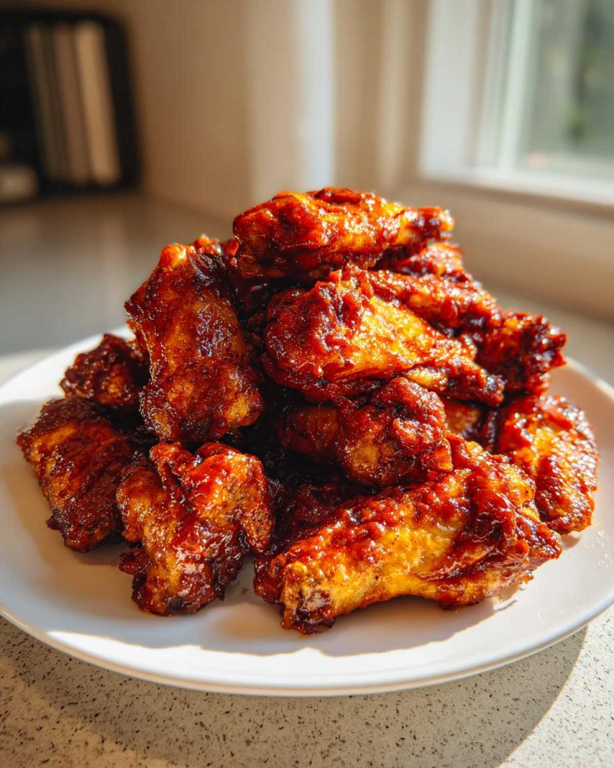 A mound of glistening, saucy Air Fryer BBQ Chicken Wings piled high on a white plate.