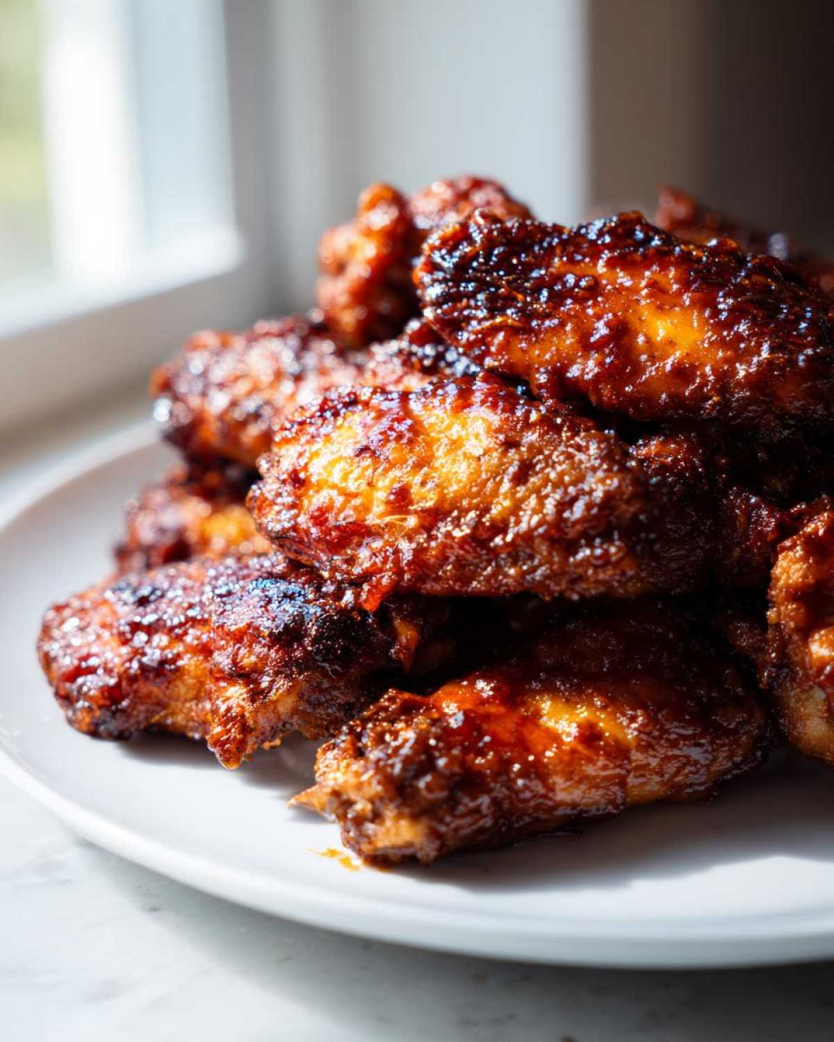 Close-up of crispy, glazed Air Fryer BBQ Chicken Wings piled high on a white plate.