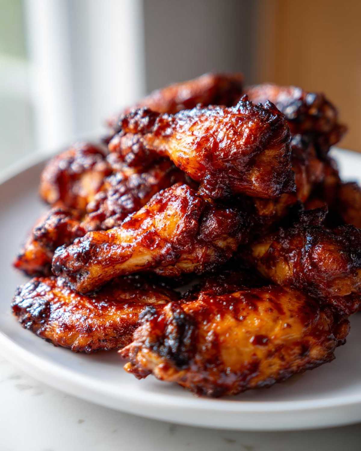 A close-up stack of sticky, caramelized Air Fryer BBQ Chicken Wings piled high on a white plate.