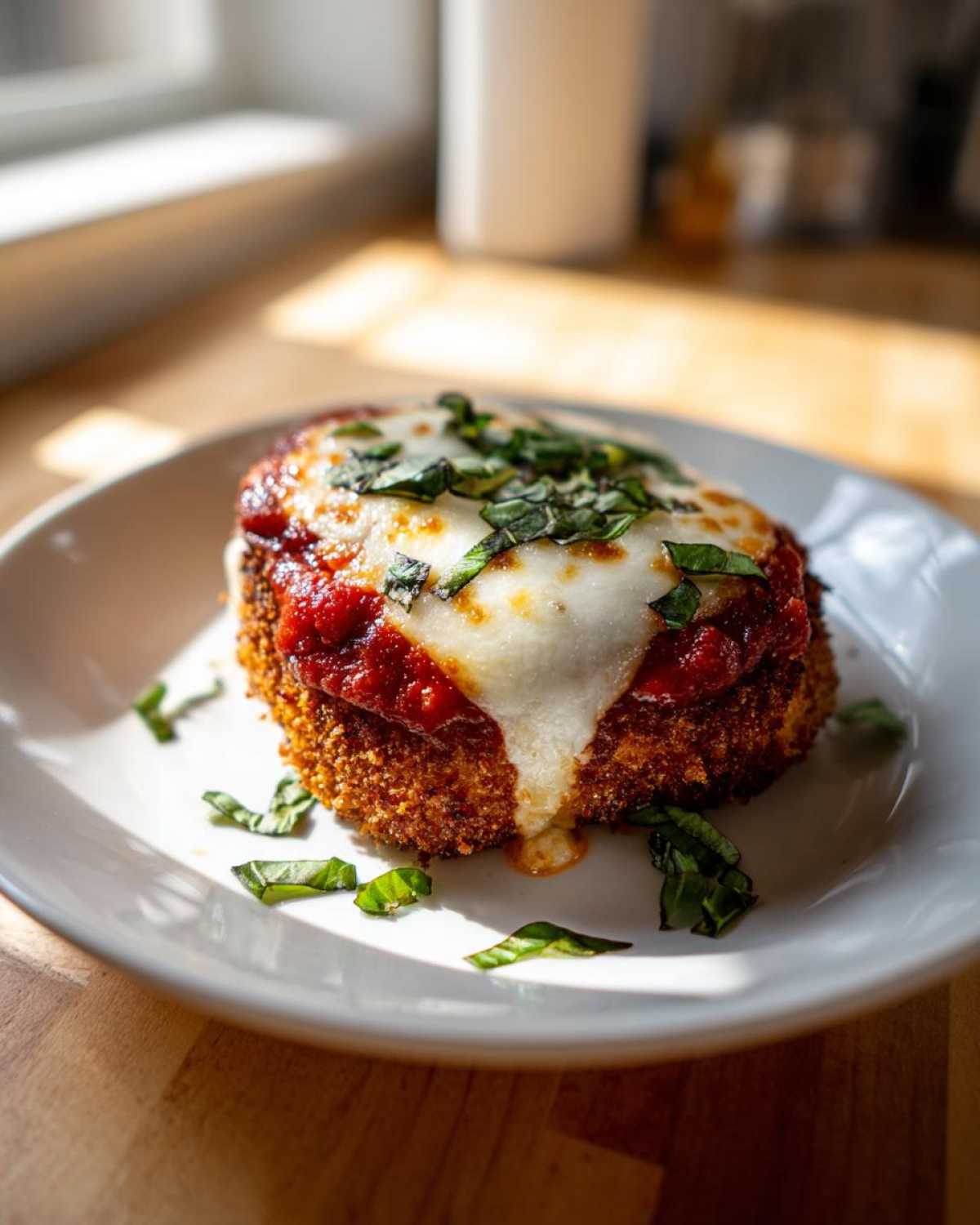 A crispy Air Fryer Chicken Parmesan topped with melted mozzarella, marinara sauce, and fresh basil.