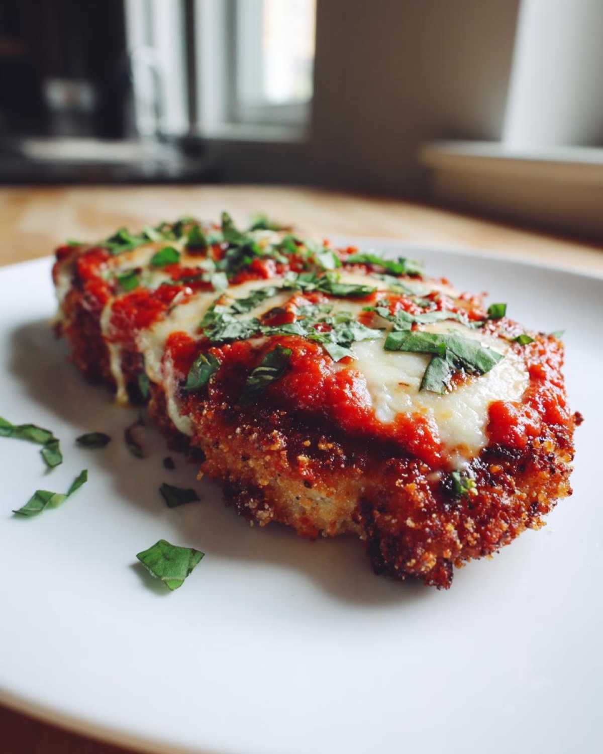 Close-up of a perfectly cooked Air Fryer Chicken Parmesan topped with marinara sauce, melted mozzarella, and fresh basil.