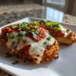 Two pieces of golden, crispy Air Fryer Chicken Parmesan topped with melted mozzarella, marinara sauce, and fresh basil.