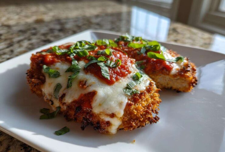Two pieces of golden, crispy Air Fryer Chicken Parmesan topped with melted mozzarella, marinara sauce, and fresh basil.