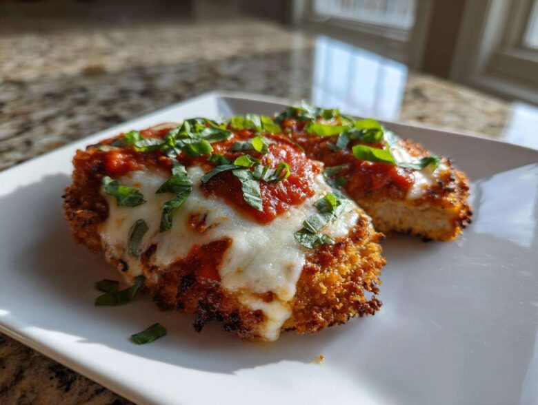 Two pieces of golden, crispy Air Fryer Chicken Parmesan topped with melted mozzarella, marinara sauce, and fresh basil.