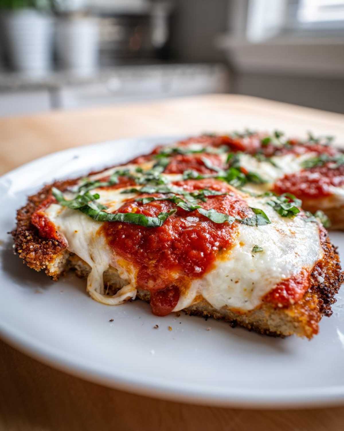 Close-up of Air Fryer Chicken Parmesan with melted mozzarella, rich tomato sauce, and fresh basil.