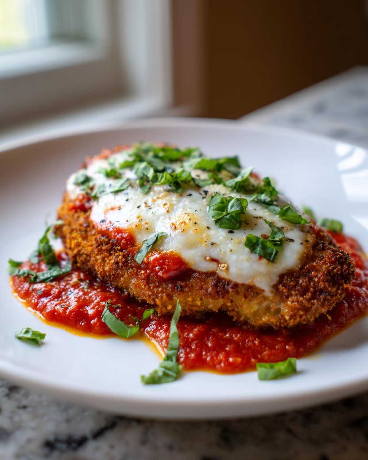 A close-up of a breaded Air Fryer Chicken Parmesan smothered in marinara sauce and melted mozzarella, topped with fresh basil.