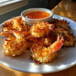 Golden brown, crispy Air Fryer Coconut Shrimp served on a white plate with a small bowl of sweet chili sauce.