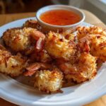 Golden brown, crispy Air Fryer Coconut Shrimp served on a white plate with a side of sweet chili dipping sauce.