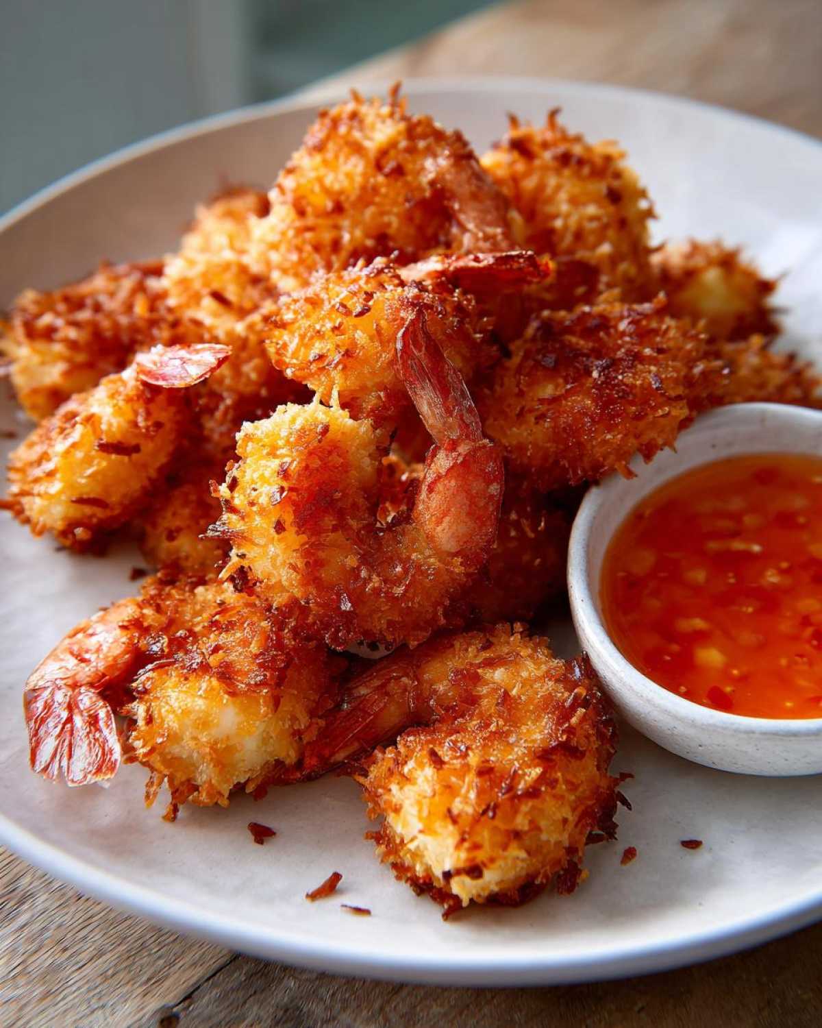 A pile of golden brown, crispy Air Fryer Coconut Shrimp served on a white plate next to a small bowl of sweet chili sauce.