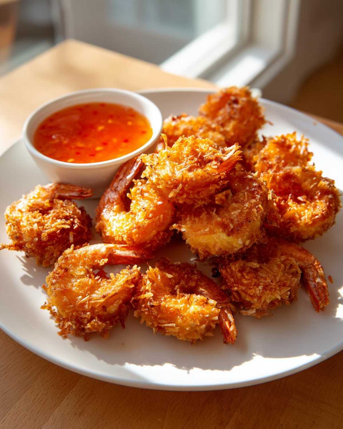 A plate of crispy, golden Air Fryer Coconut Shrimp served with a small bowl of sweet chili dipping sauce.