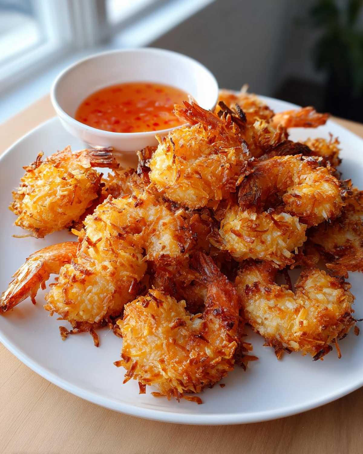 A plate piled high with golden brown Air Fryer Coconut Shrimp served with a small bowl of sweet chili sauce.