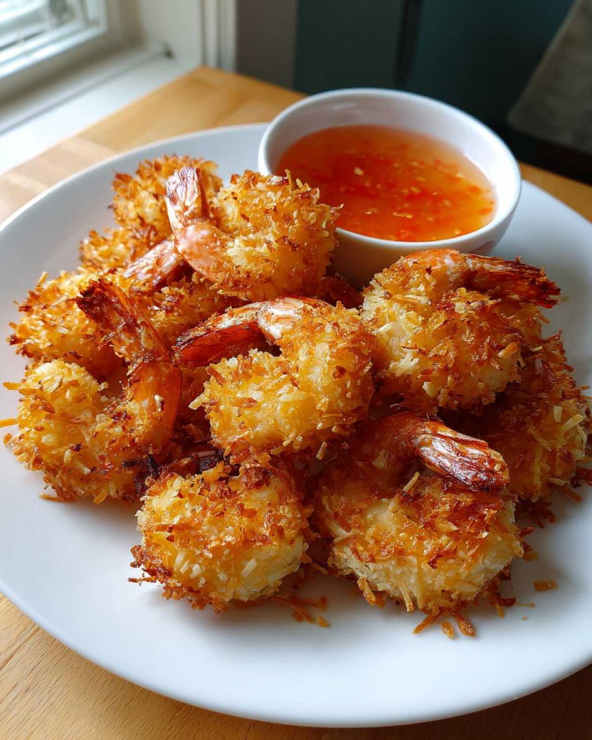 A plate piled high with golden brown Air Fryer Coconut Shrimp next to a small bowl of sweet chili sauce.