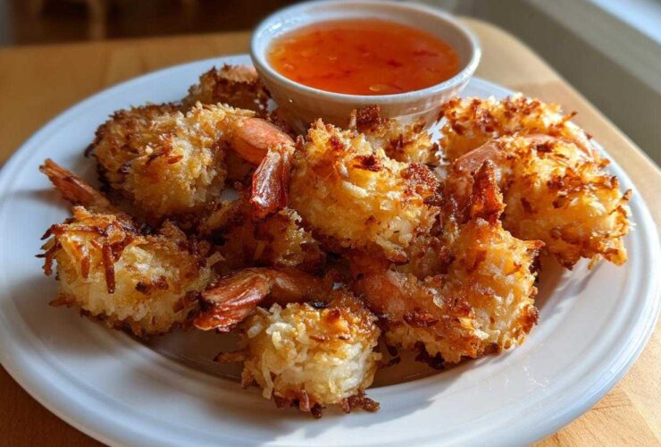 Golden brown, crispy Air Fryer Coconut Shrimp served on a white plate with a side of sweet chili dipping sauce.