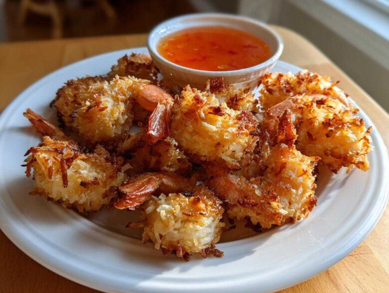 Golden brown, crispy Air Fryer Coconut Shrimp served on a white plate with a side of sweet chili dipping sauce.