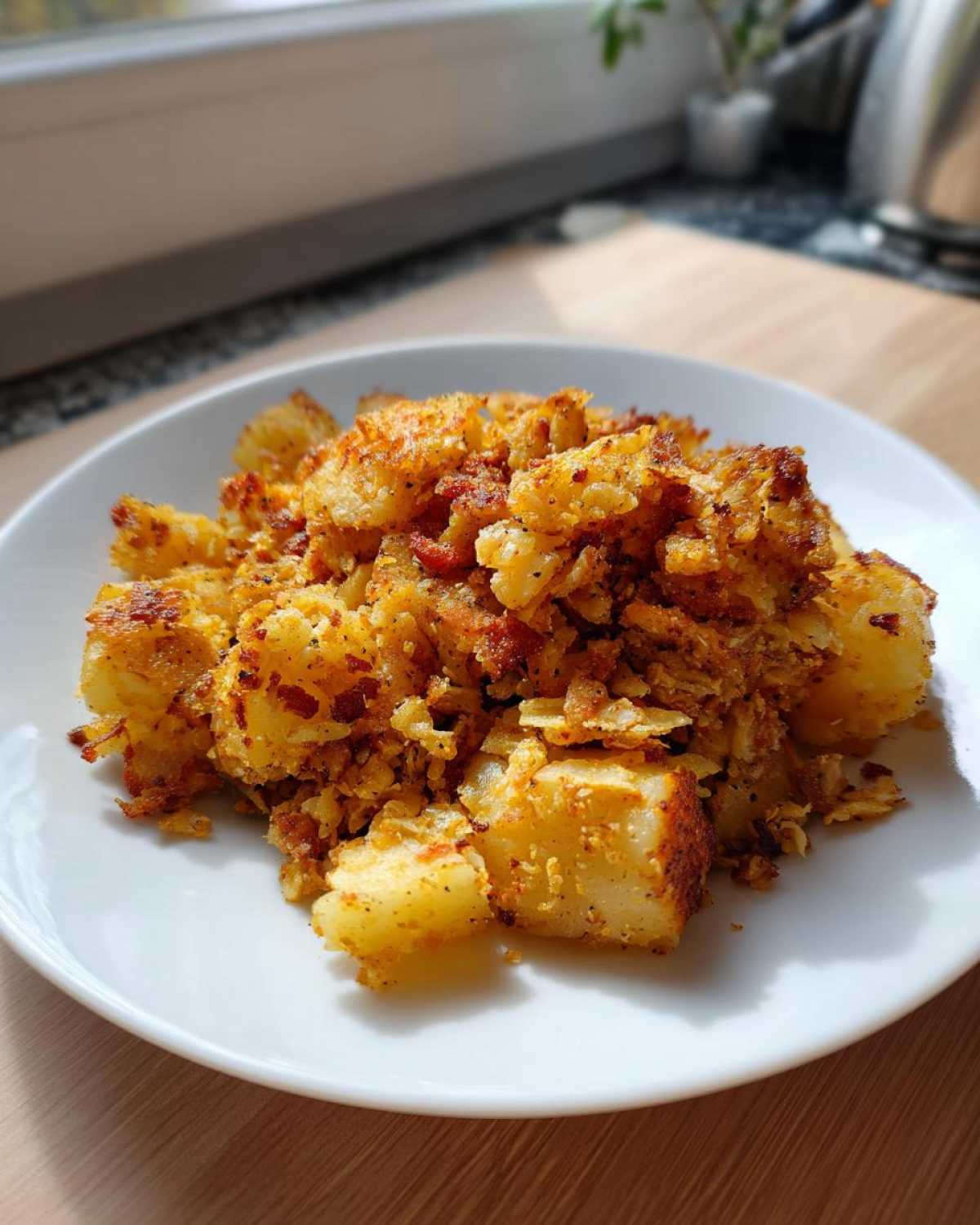 A serving of golden, crispy Air Fryer Corned Beef Hash with potatoes on a white plate.