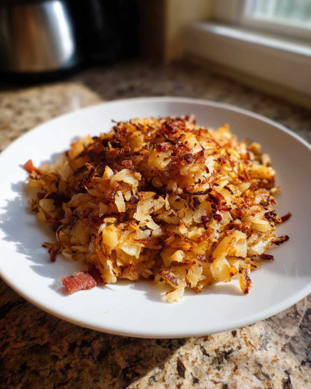A mound of golden brown, crispy Air Fryer Corned Beef Hash with potatoes and bits of corned beef on a white plate.