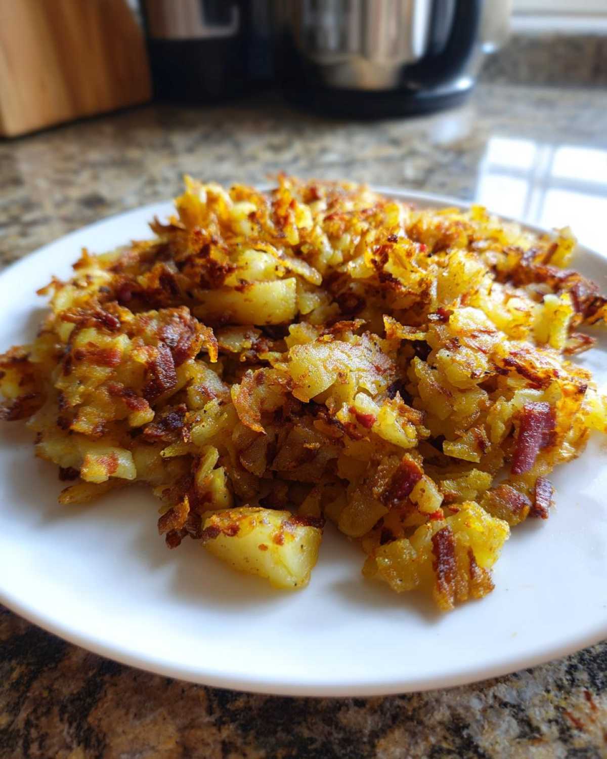 A serving of golden brown Air Fryer Corned Beef Hash with crispy potatoes piled on a white plate.