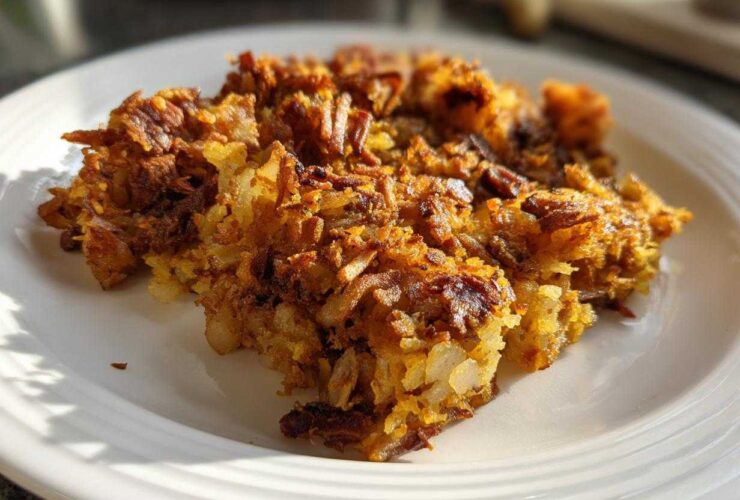 A close-up of a serving of golden brown, crispy Air Fryer Corned Beef Hash with Potatoes on a white plate.
