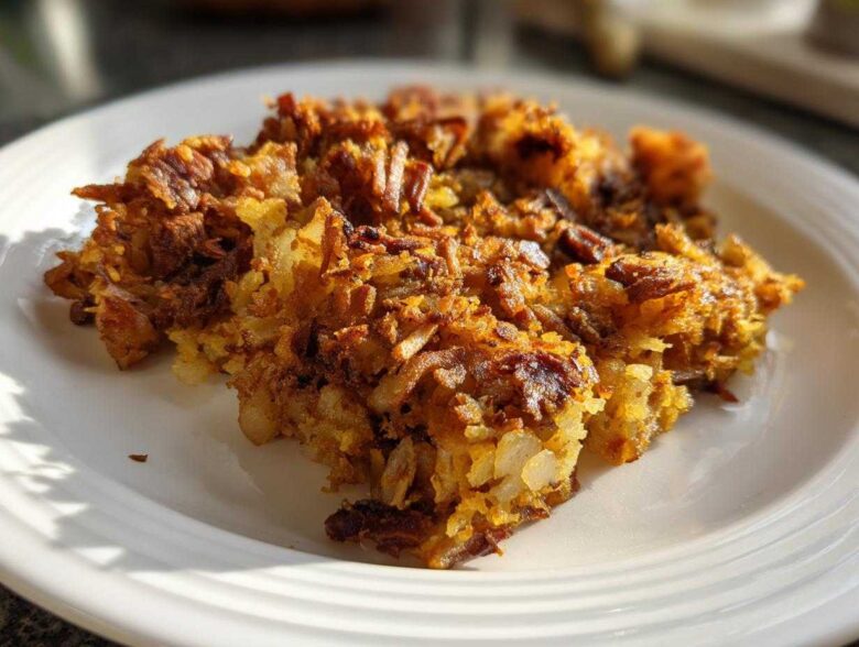 A close-up of a serving of golden brown, crispy Air Fryer Corned Beef Hash with Potatoes on a white plate.