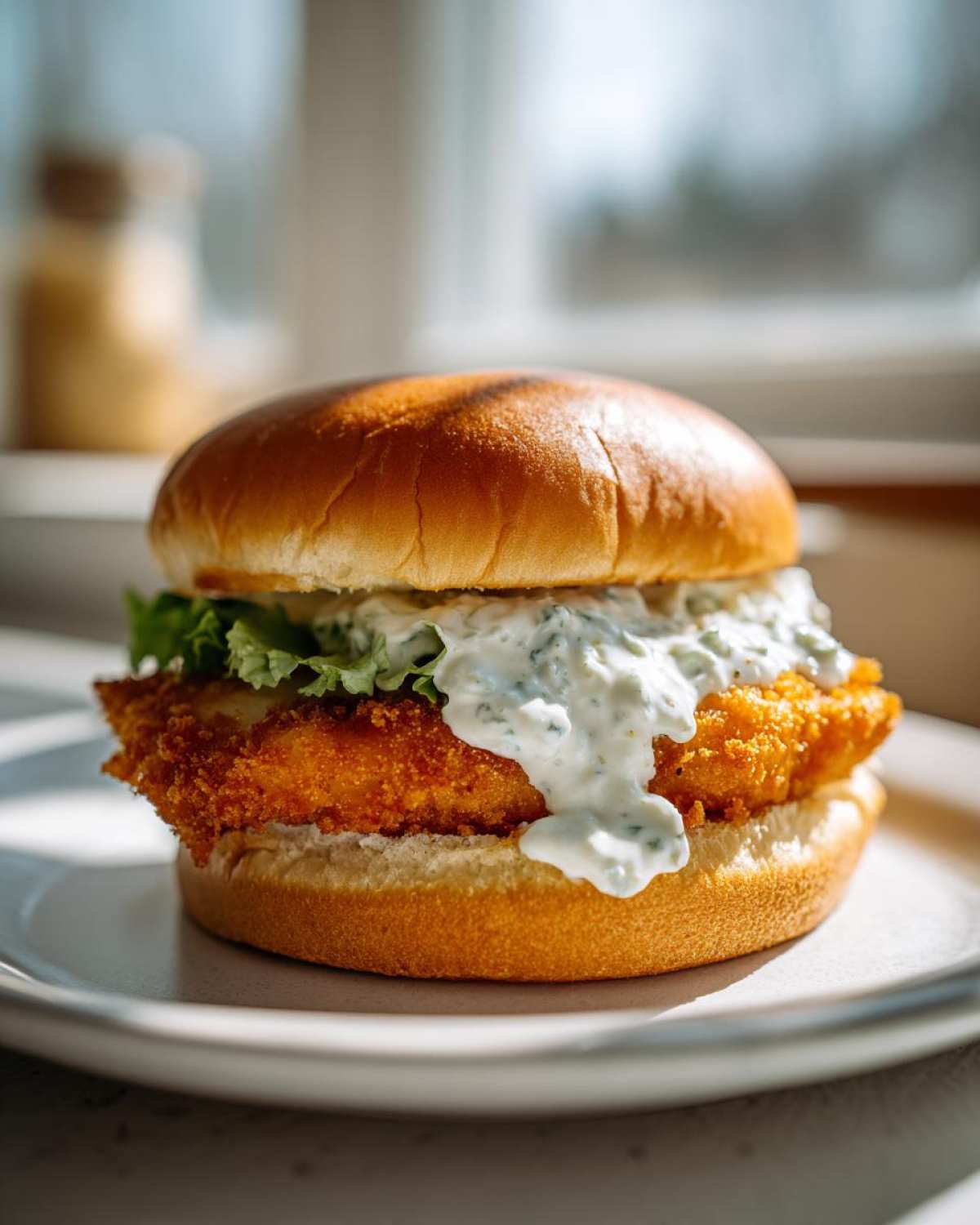 A golden brown Air Fryer Crispy Fish Sandwich topped generously with creamy tartar sauce and lettuce.