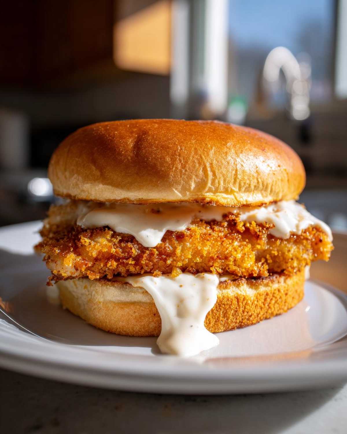 A close-up of an Air Fryer Crispy Fish Sandwich featuring a golden, breaded fillet dripping with creamy tartar sauce on a toasted bun.