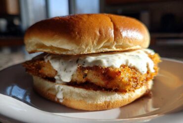 A close-up of an Air Fryer Crispy Fish Sandwich featuring a golden, breaded fillet generously topped with creamy tartar sauce on a brioche bun.