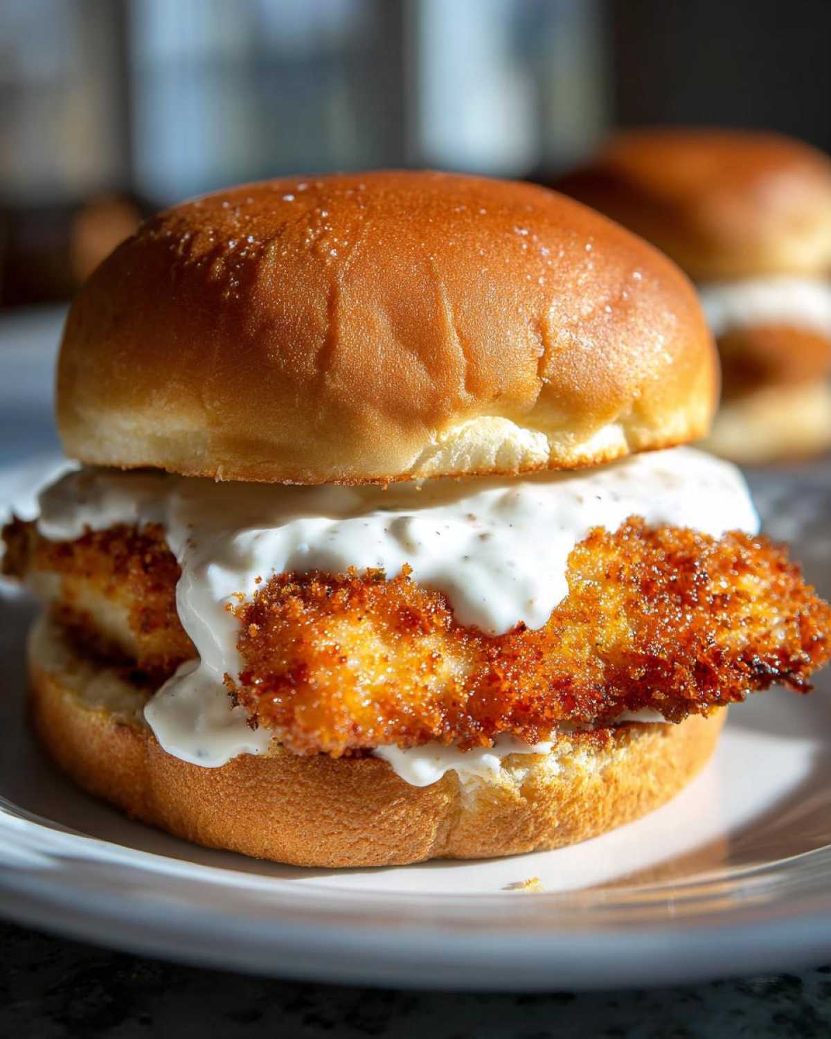 A close-up of an Air Fryer Crispy Fish Sandwich featuring a golden, breaded fillet smothered in white tartar sauce on a toasted bun.