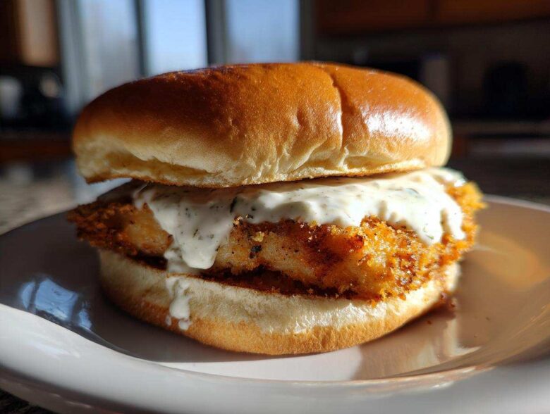A close-up of an Air Fryer Crispy Fish Sandwich featuring a golden, breaded fillet generously topped with creamy tartar sauce on a brioche bun.