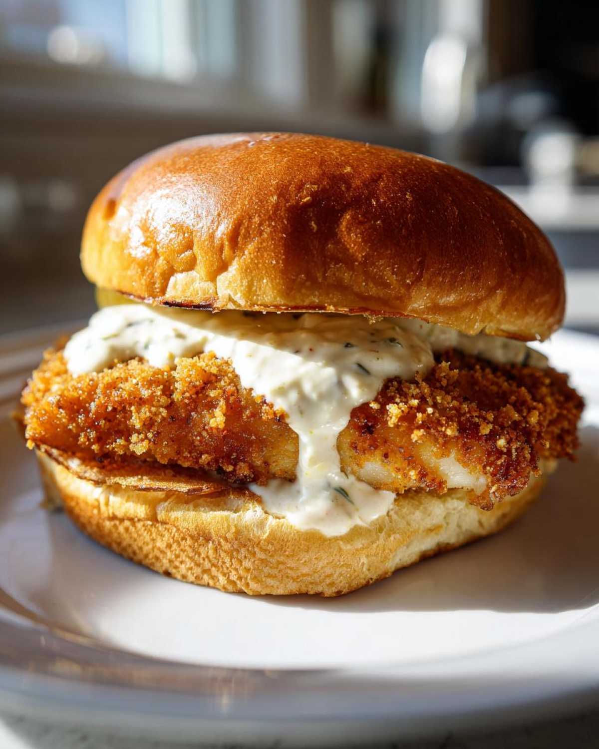 A close-up of an Air Fryer Crispy Fish Sandwich featuring a golden, breaded fillet topped generously with creamy tartar sauce on a brioche bun.