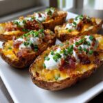Five loaded Air Fryer Crispy Potato Skins topped with cheese, sour cream, bacon, and chives on a white platter.