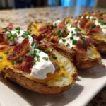 Close-up of finished Air Fryer Crispy Potato Skins topped with melted cheddar, bacon, sour cream, and chives.
