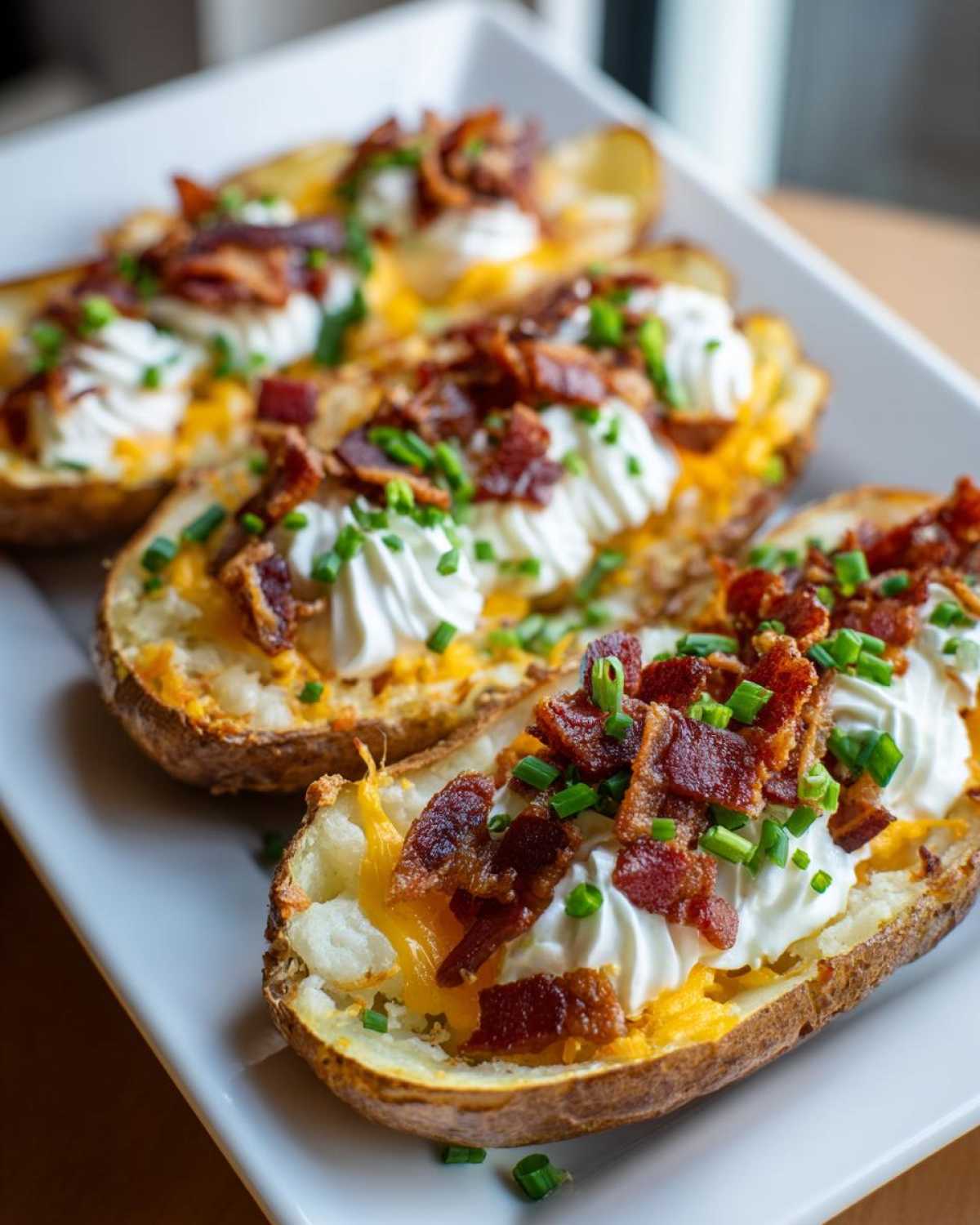 Close-up of three Air Fryer Crispy Potato Skins loaded with sour cream, cheddar cheese, bacon, and chives on a white plate.
