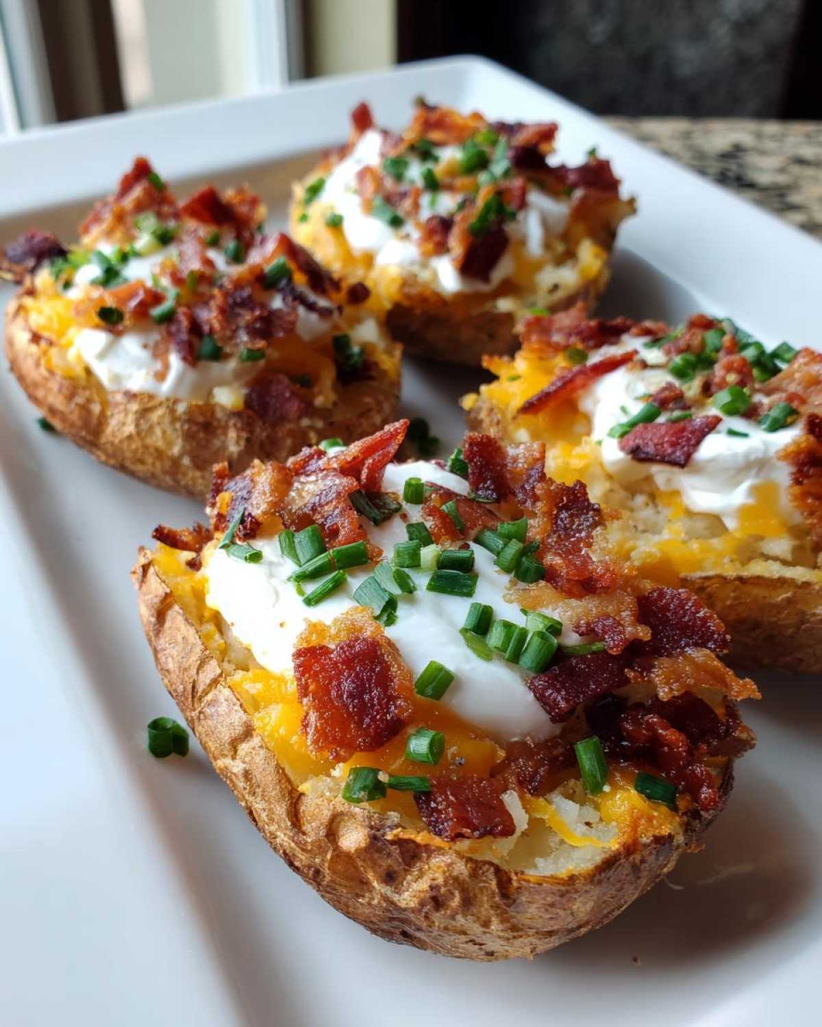 Four loaded Air Fryer Crispy Potato Skins topped with sour cream, cheese, bacon, and chives on a white plate.