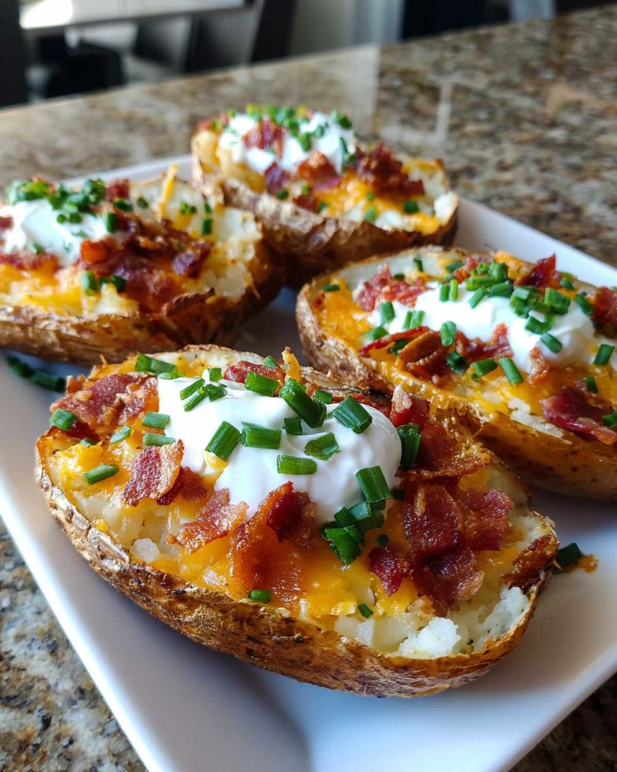 Four Air Fryer Crispy Potato Skins loaded with melted cheese, bacon bits, sour cream, and chives.