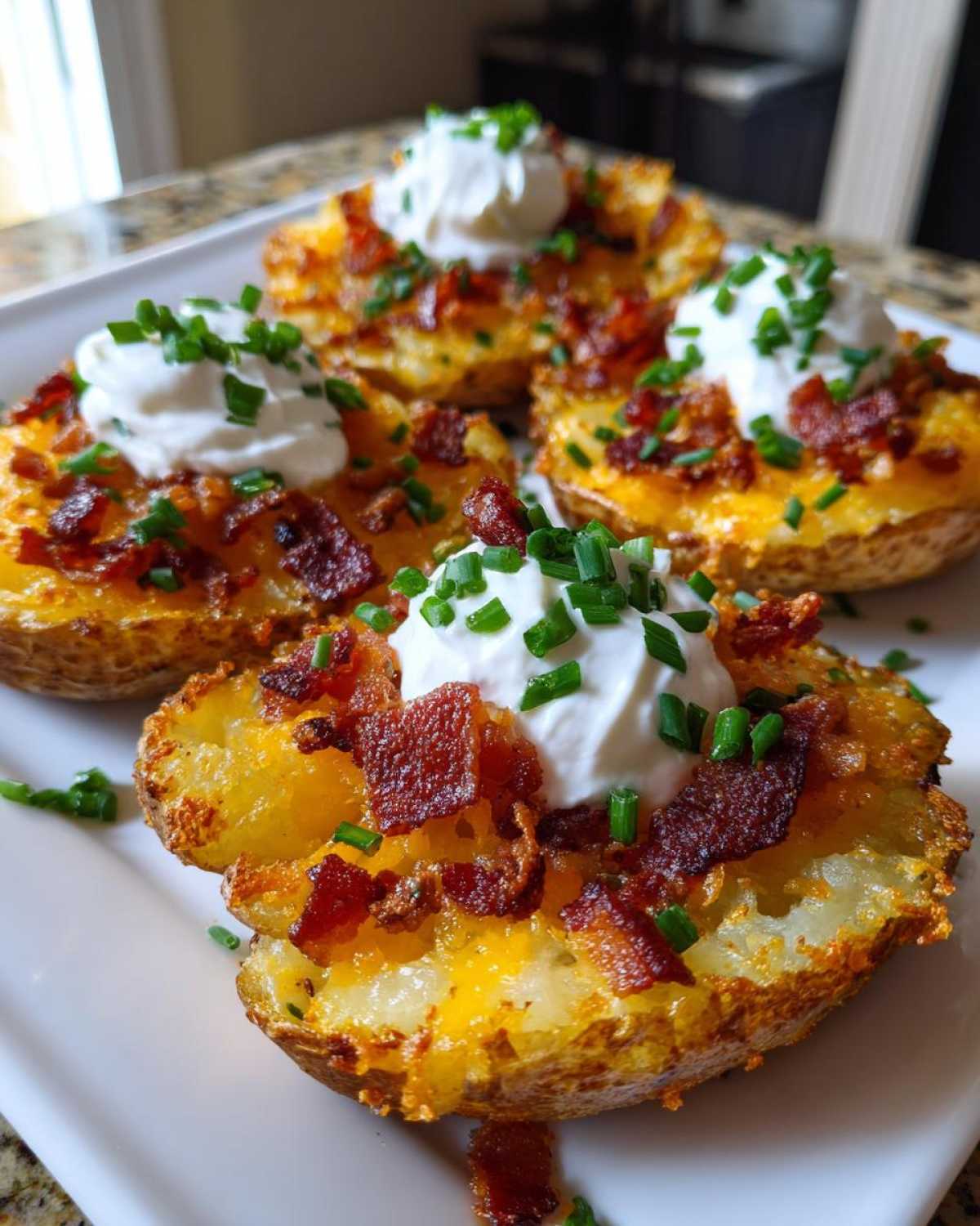 Four finished Air Fryer Crispy Potato Skins loaded with cheese, bacon bits, sour cream, and chives.