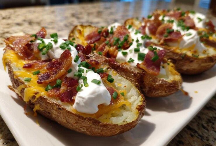 Close-up of finished Air Fryer Crispy Potato Skins topped with melted cheddar, bacon, sour cream, and chives.