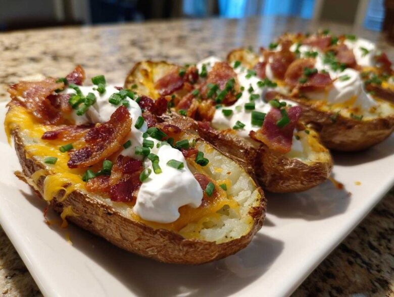 Close-up of finished Air Fryer Crispy Potato Skins topped with melted cheddar, bacon, sour cream, and chives.