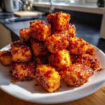 A pile of golden brown Air Fryer Crispy Tofu coated generously in a shiny sweet chili glaze on a white plate.