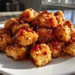 A plate piled high with golden, crispy Air Fryer Crispy Tofu coated in a glistening sweet chili glaze with visible chili flakes.