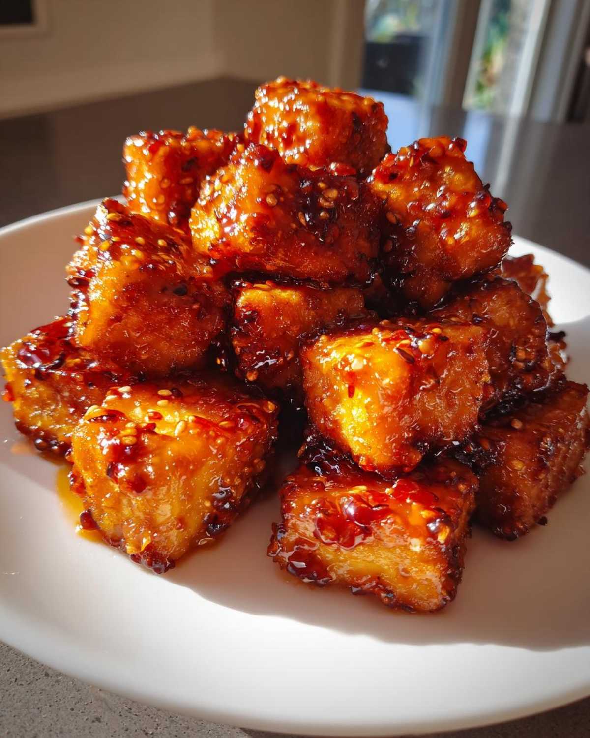 Close-up of crispy Air Fryer Crispy Tofu with Sweet Chili Glaze cubes piled high on a white plate.