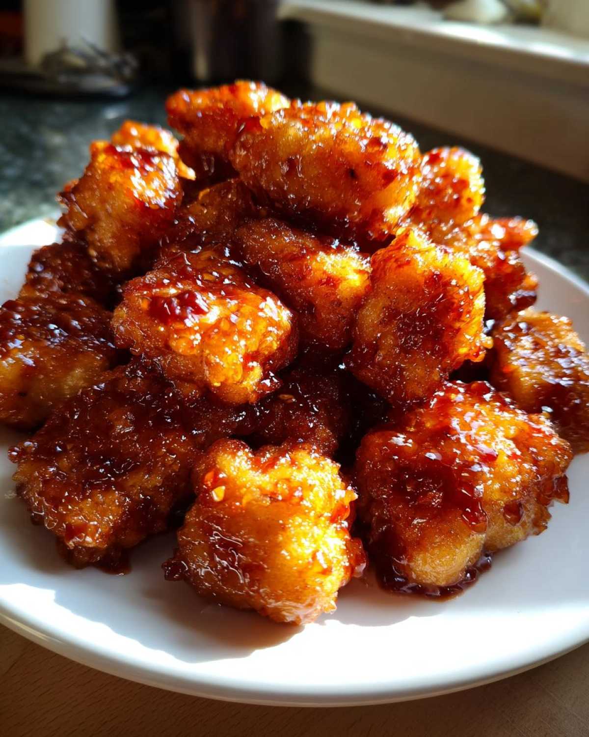 A pile of golden, crispy tofu pieces coated in a thick, glossy sweet chili glaze served on a white plate.