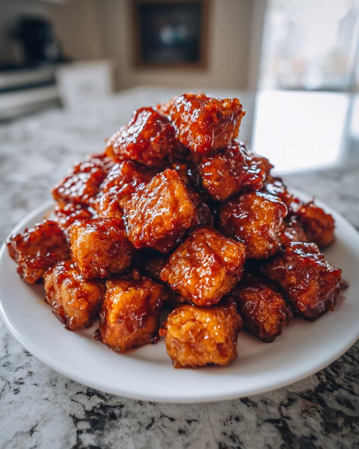 A pile of golden, crispy tofu cubes coated in a glossy sweet chili glaze, ready to eat.