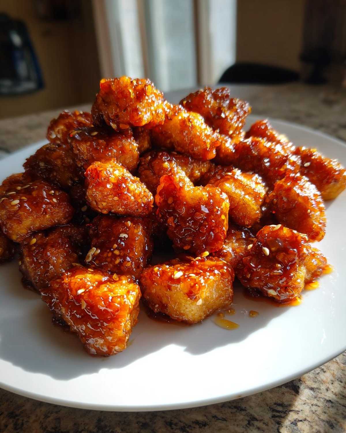 A pile of golden, crispy Air Fryer Crispy Tofu with Sweet Chili Glaze sprinkled with sesame seeds.