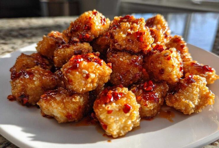 A plate piled high with golden, crispy Air Fryer Crispy Tofu coated in a glistening sweet chili glaze with visible chili flakes.