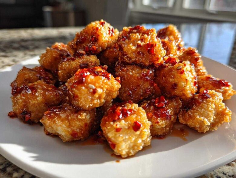 A plate piled high with golden, crispy Air Fryer Crispy Tofu coated in a glistening sweet chili glaze with visible chili flakes.