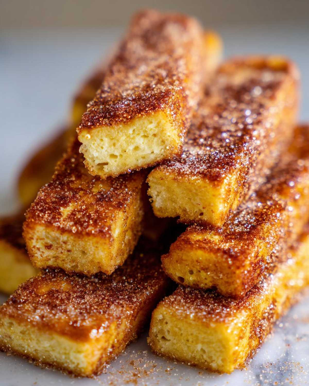 Close-up of a stack of Air Fryer French Toast Sticks generously coated in sparkling cinnamon sugar.