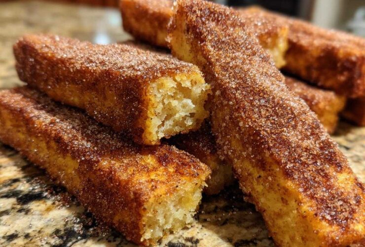 Close-up of golden brown Air Fryer French Toast Sticks heavily coated in cinnamon sugar.