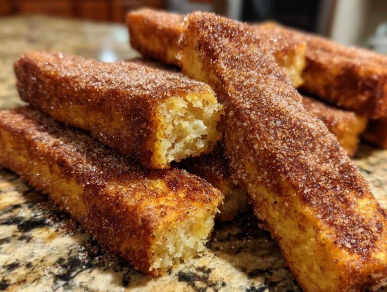 Close-up of golden brown Air Fryer French Toast Sticks heavily coated in cinnamon sugar.