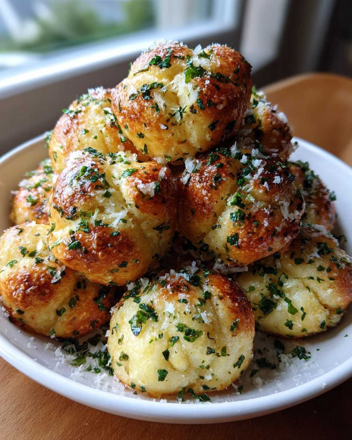 A pile of golden brown Air Fryer Garlic Knots topped generously with fresh parsley and grated Parmesan cheese.