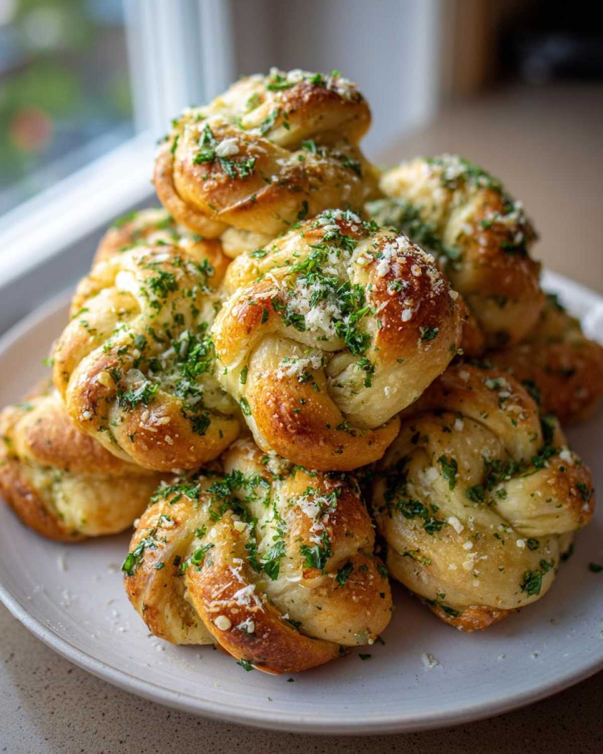 A close-up stack of golden brown Air Fryer Garlic Knots topped generously with melted butter, fresh parsley, and grated Parmesan cheese.